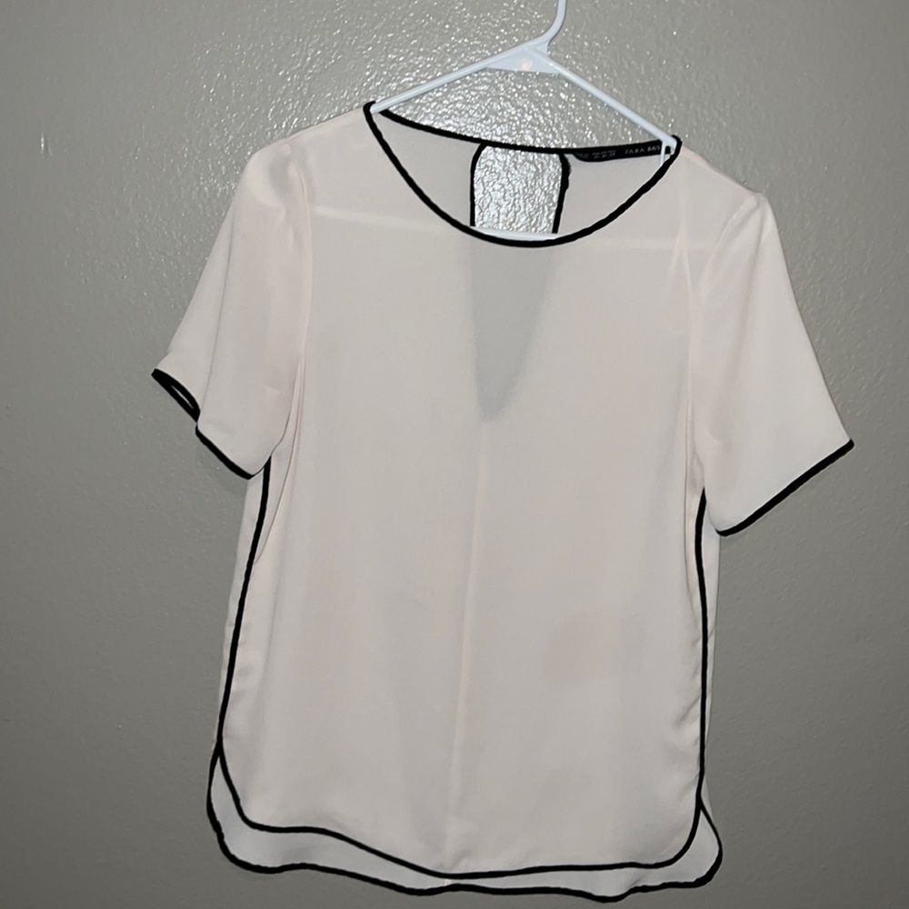 Zara White with Black Trim Sheer Keyhole Back Shirt